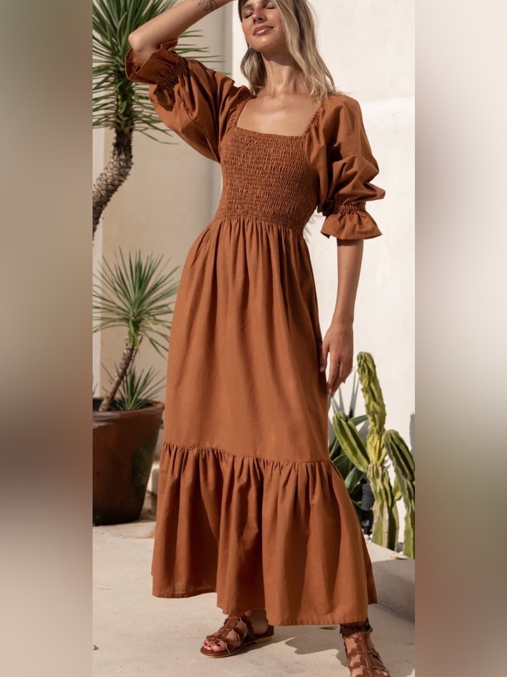 BALILN Almeria Smocked Midi  Organic Linen Dress Hazel Rust Size XXL